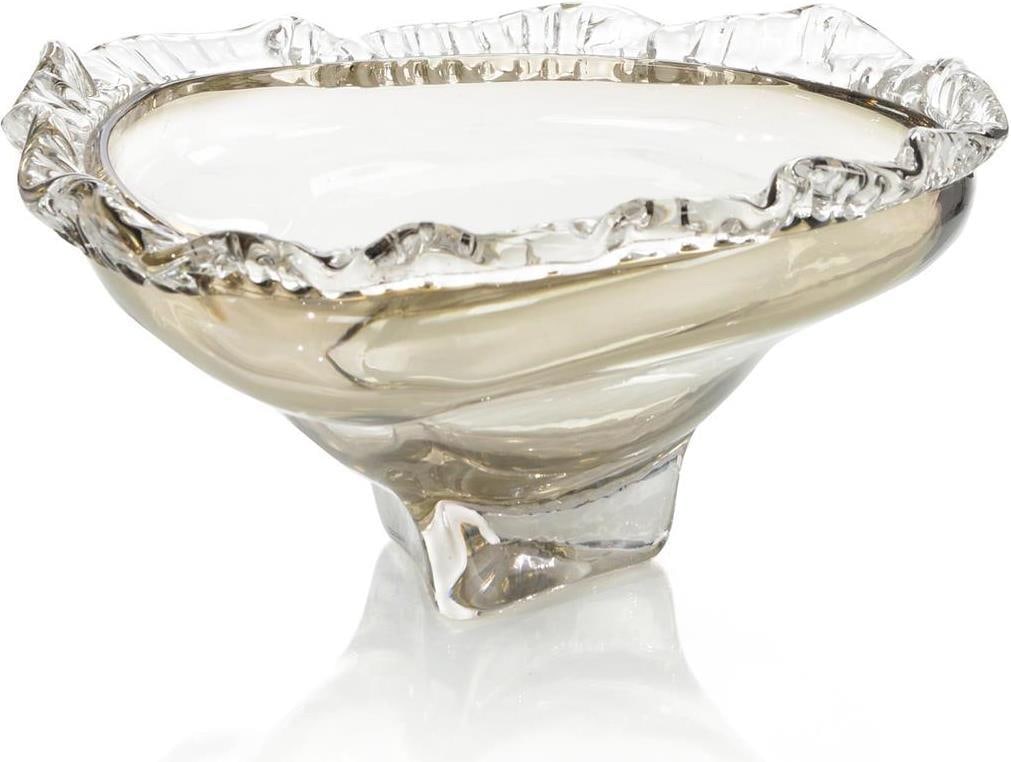 John-Richard Handblown Ruffled Brown Clear Glass Bowl 7H x 12.5W x 12.5D: John-Richard Handblown Ruffled Brown Clear Glass Bowl 7H x 12.5W x 12.5D This exquisite handblown glass bowl features a stunning ruffled design and a captivating brown clear glass finish. Perfect for