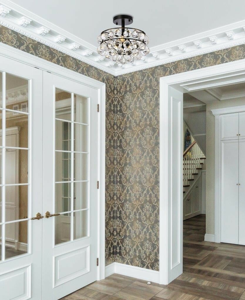 Savannah 3 Light Black Crystal Chandelier Flush Mount Indoor Lighting: Savannah 3 Light Black Crystal Chandelier Flush Mount Indoor Lighting Illuminate your space with this stunning Crystal Chandelier Flush Mount featuring three lights. Designed with a sleek black frame