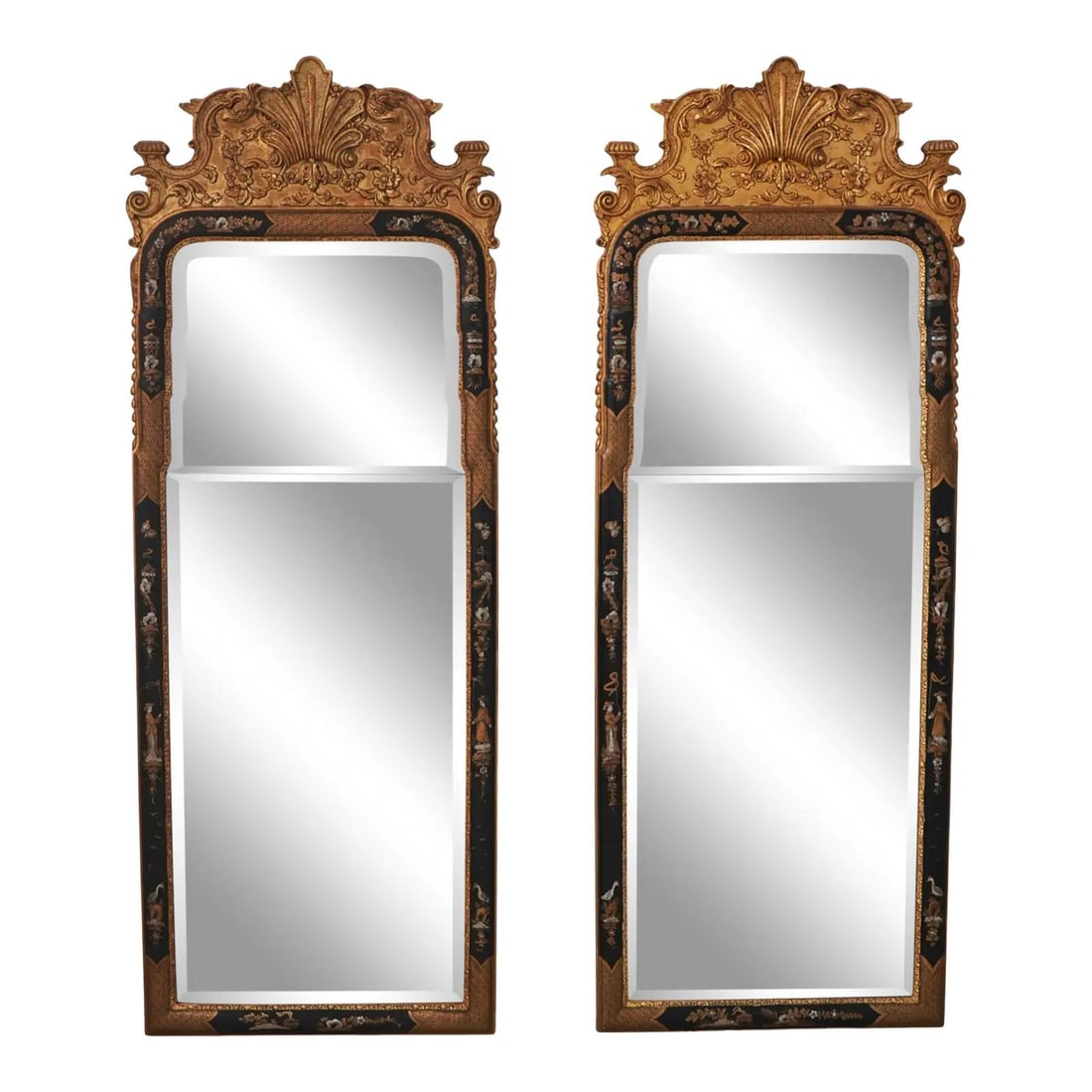 Elegant Pair of Chinoiserie Beveled Glass Mirrors 24x64: Elegant Pair of Chinoiserie Beveled Glass Mirrors 24x64 Enhance your space with this stunning pair of large beveled glass mirrors, showcasing exquisite Chinoiserie decoration in the Chinese Chippendal