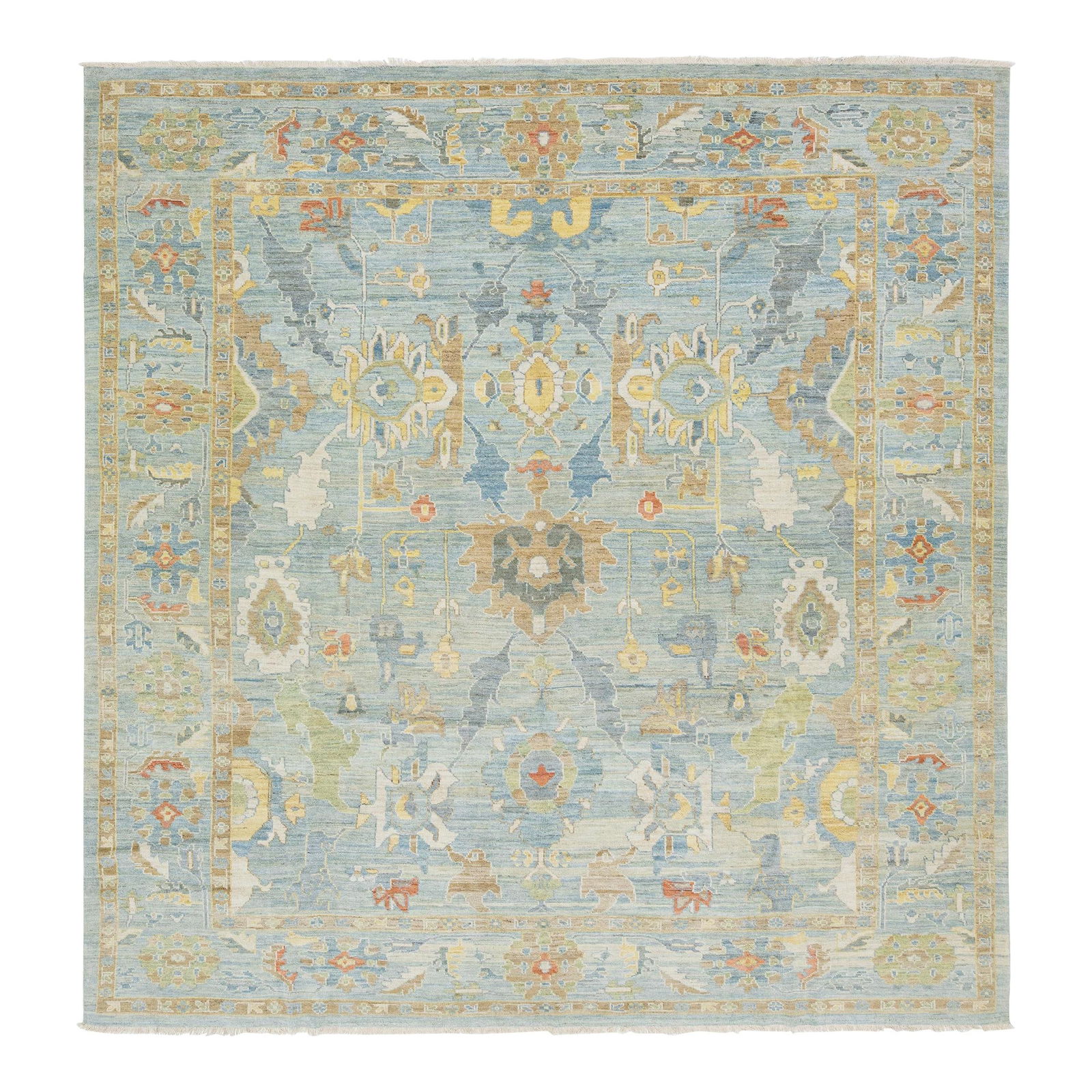 Handmade Sultanabad Square Wool Rug Blue Floral 11' x 11'6: Handmade Sultanabad Square Wool Rug Blue Floral 11' x 11'6 Enhance your living space with this exquisite hand-knotted Sultanabad square wool rug. Featuring a serene light blue background, the rug is a