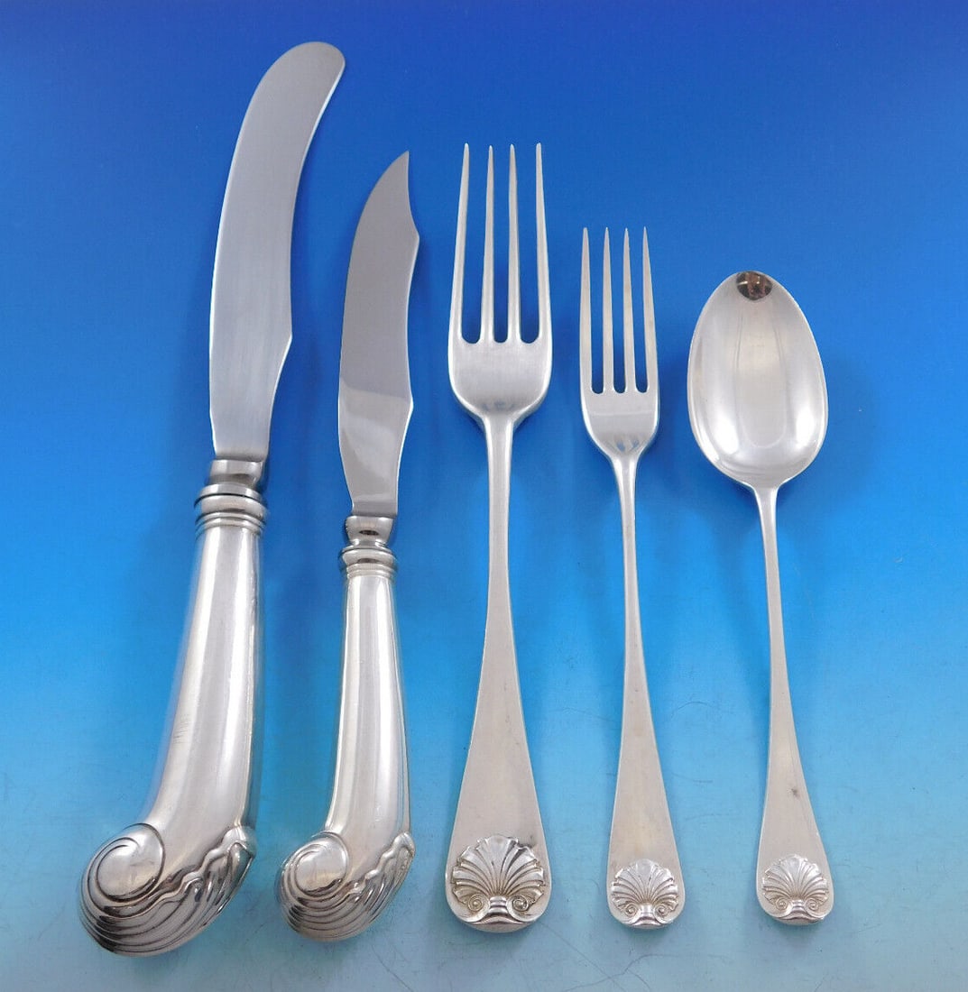 Stieff Williamsburg Shell Sterling Silver Flatware Set 64 pcs for 12: Stieff Williamsburg Shell Sterling Silver Flatware Set 64 pcs for 12 The Williamsburg Shell by Stieff Sterling Silver Flatware Set is a stunning collection designed to serve 12, featuring a total of 6