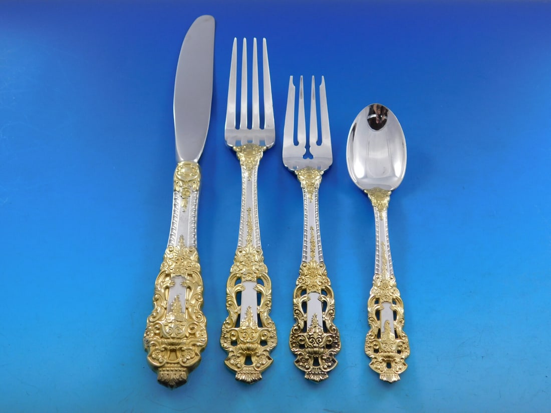 Gorham Golden Crown Baroque Sterling Silver 4pc Dinner Place Setting: Gorham Golden Crown Baroque Sterling Silver 4pc Dinner Place Setting Elevate your dining experience with this exquisite 4-piece dinner size place setting from Gorham, featuring the elegant Golden Crow