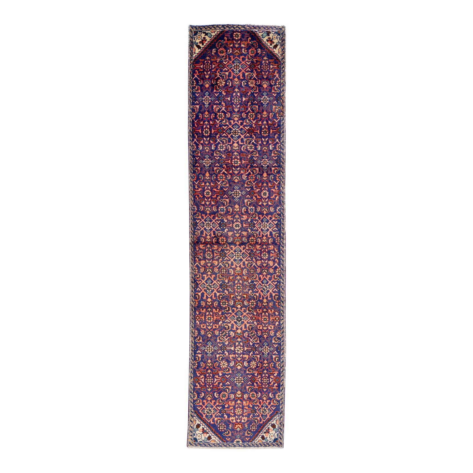 Vintage Persian Hamadan Blue Wool Runner 2'8 x 12' Handmade Medallion: Vintage Persian Hamadan Blue Wool Runner 2'8 x 12' Handmade Medallion This exquisite vintage Persian Hamadan runner features a stunning blue color field complemented by a beige frame and vibrant multi