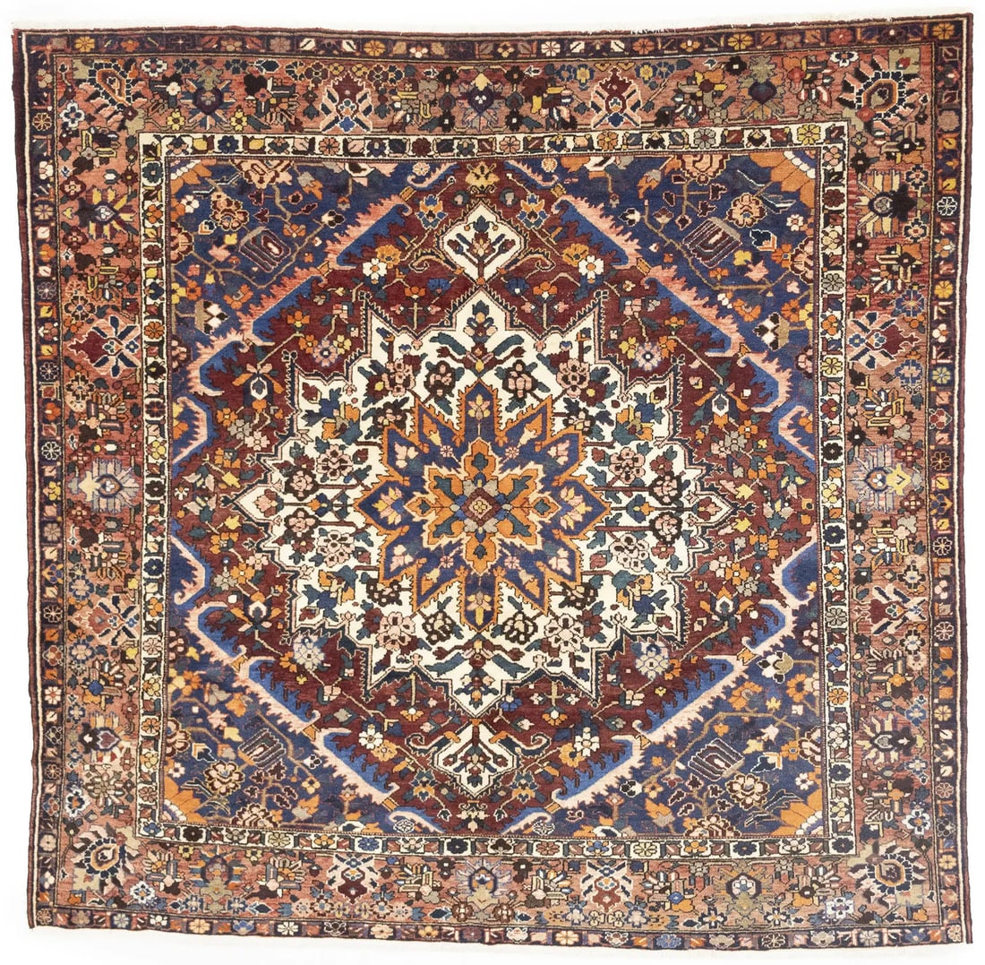 Square Floral Wool Area Rug Hand-Knotted Vintage Style 10'1 x 10'3 Semi-Antique: Square Floral Wool Area Rug Hand-Knotted Vintage Style 10'1 x 10'3 Semi-Antique This semi-antique hand-knotted square rug features a vintage floral design in shades of rusty brown, bittersweet red, cr