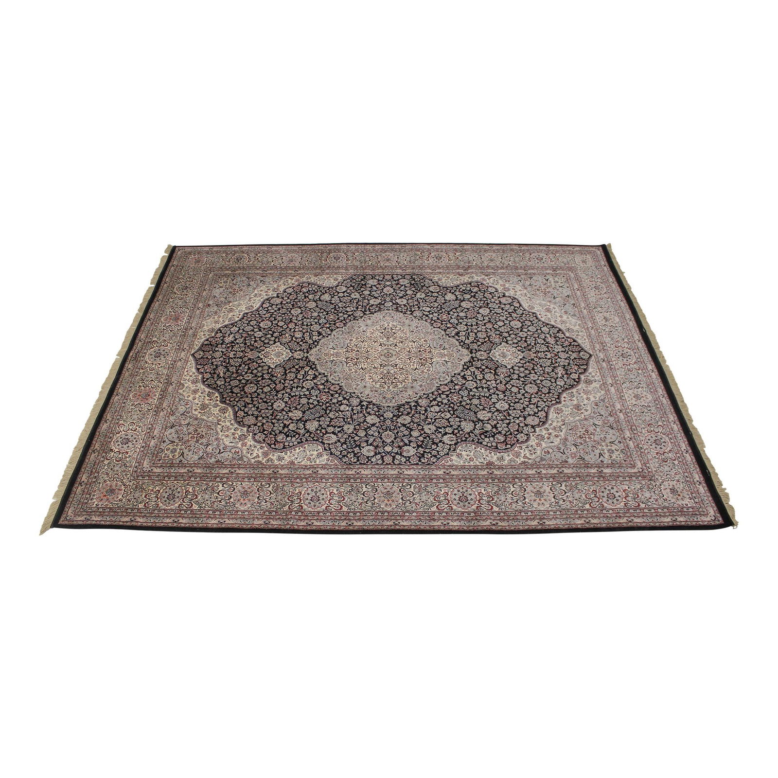 Vintage 1970s 9x12 Black Wool Oriental Rug Hand Woven Quality: Vintage 1970s 9x12 Black Wool Oriental Rug Hand Woven Quality This exquisite 1970s black field wool Oriental rug combines high-quality construction with a timeless design. Hand-woven with tightly knot