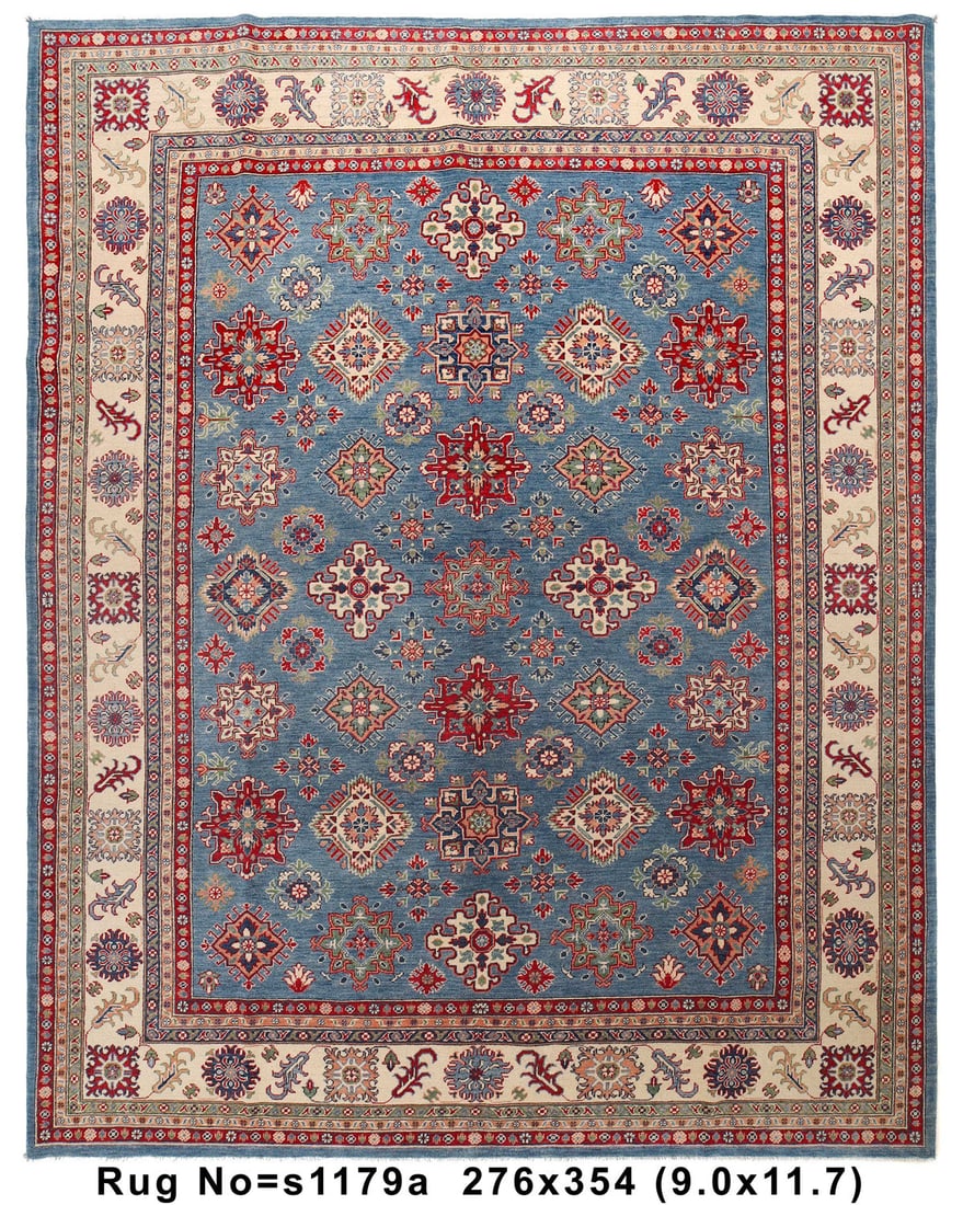 Exquisite Blue Handmade Kazak Rug 9.1 x 11.7 ft All Over Pattern: Exquisite Blue Handmade Kazak Rug 9.1 x 11.7 ft All Over Pattern Free continental US Shipping Discover the beauty of this stunning blue handmade Kazak rug, featuring an intricate all-over pattern that