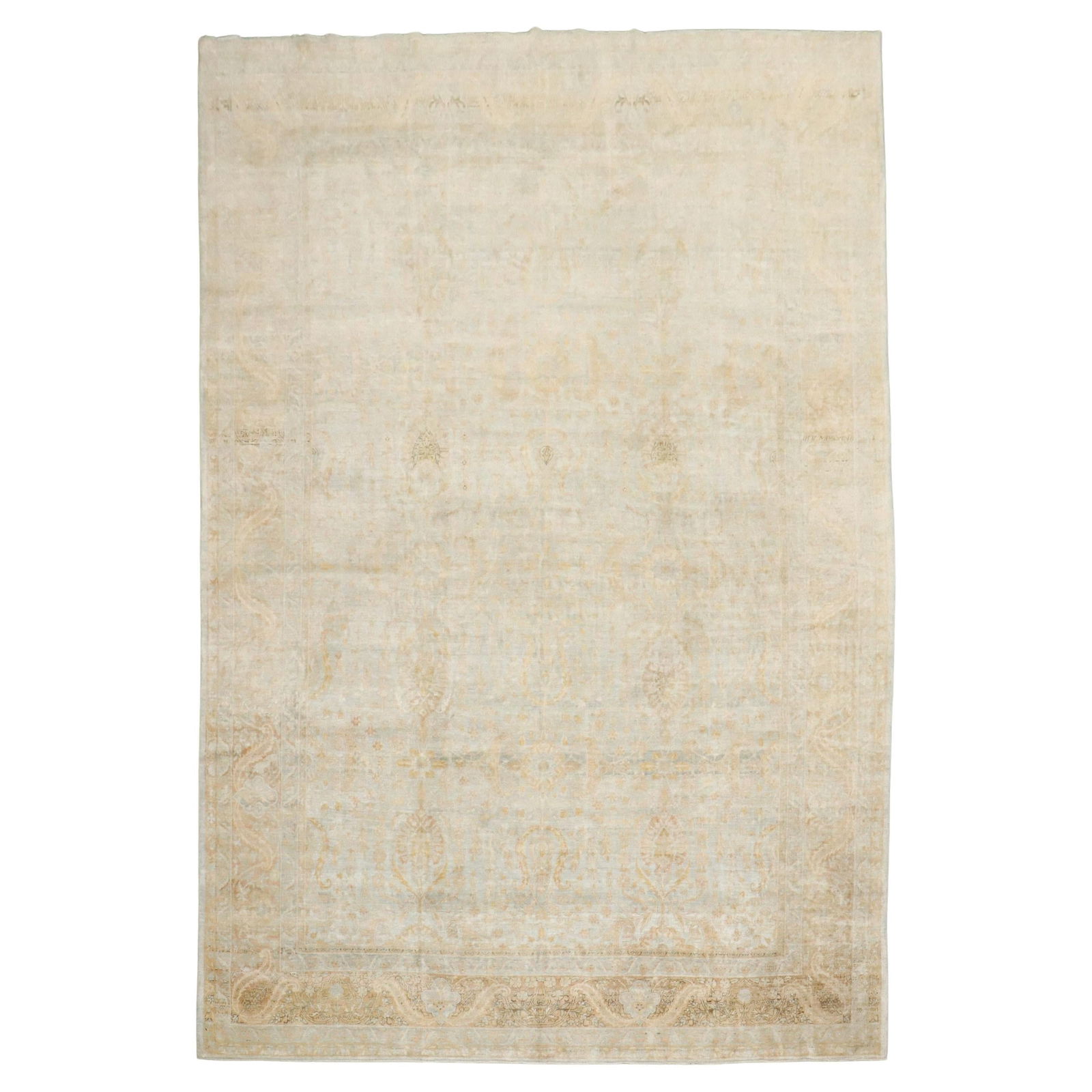 Antique Persian Kerman Rug Light Blue Gold Hand-Knotted 8'9" x 12'10": Antique Persian Kerman Rug Light Blue Gold Hand-Knotted 8'9" x 12'10" Experience the elegance of this early 20th century Antique Persian Kerman Carpet, beautifully crafted with a harmonious blend of l