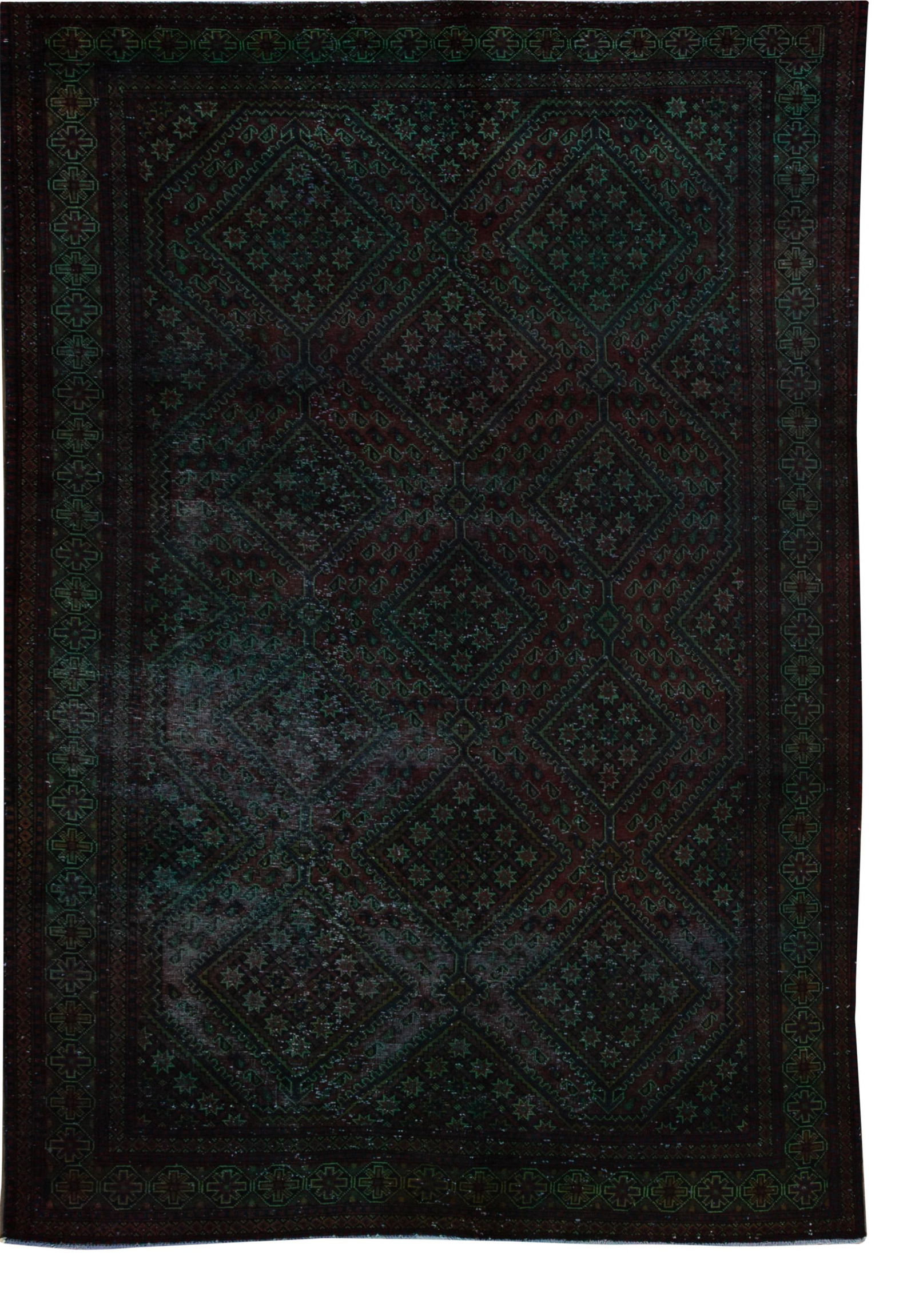 Contemporary Green Overdyed Wool Rug 6'8 x 9'8 Hand-Knotted: Contemporary Green Overdyed Wool Rug 6'8 x 9'8 Hand-Knotted Enhance your living space with this stunning contemporary Overdyed Wool Rug featuring a captivating green field and a central medallion desi