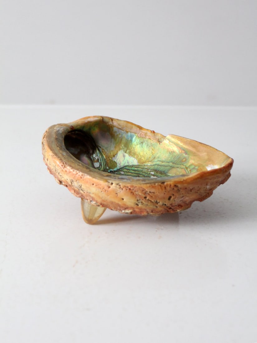 Vintage Mid Century Abalone Shell Footed Bowl with Lucite Feet: Vintage Mid Century Abalone Shell Footed Bowl with Lucite Feet This stunning mid-20th century vintage footed bowl showcases the natural beauty of abalone shell. It is supported by three lucite feet, a
