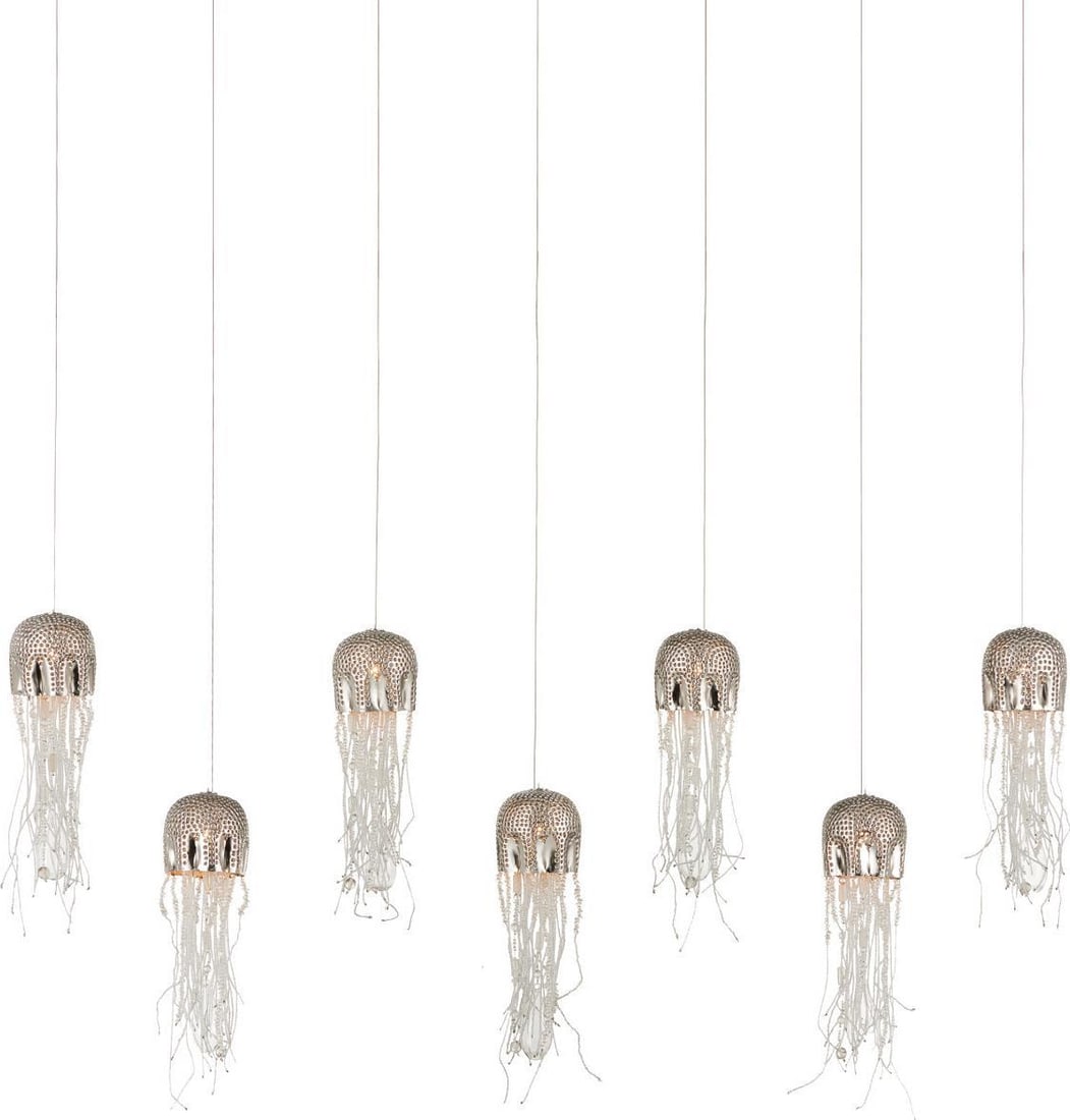 Currey 7-Light Contemporary Nickel Pendant Fixture: Currey 7-Light Contemporary Nickel Pendant Fixture Illuminate your space with this elegant 7-light pendant fixture, featuring a contemporary design. Crafted with a clear silver cord and nickel finish,