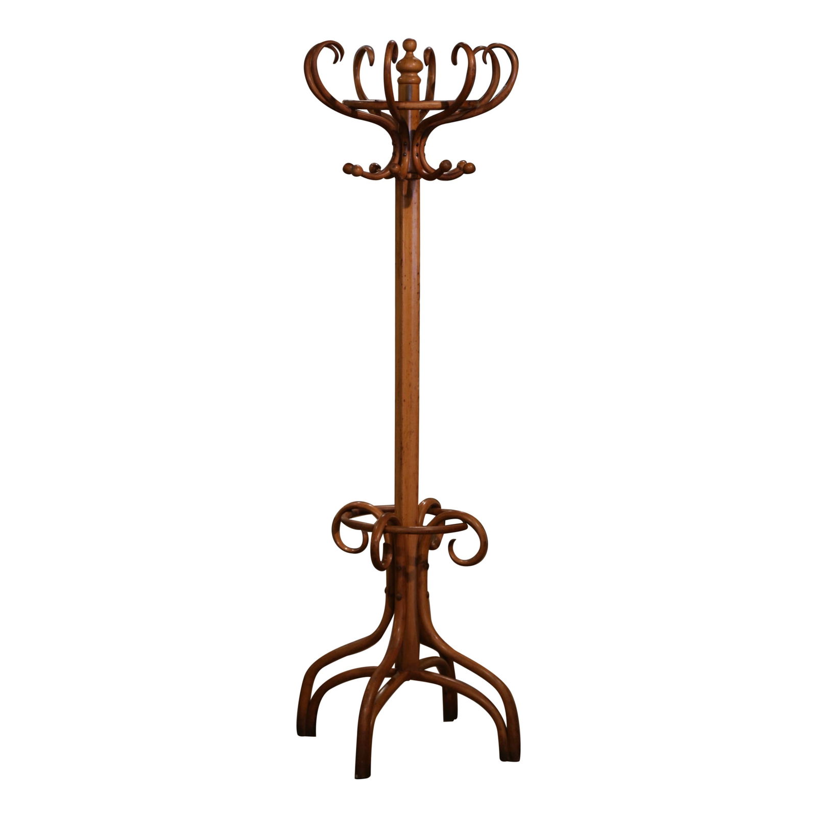 Vintage Early 20th Century Bentwood Perroquet Coat Stand Thonet Style: Vintage Early 20th Century Bentwood Perroquet Coat Stand Thonet Style Elevate your entryway or dressing area with this exquisite Early 20th Century Carved Bentwood Swivel "Perroquet" Coat Stand, inspi