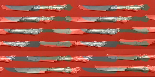 Reed Barton Marlborough Sterling Silver Steak Knife Set 12pcs 8 3/4": Reed Barton Marlborough Sterling Silver Steak Knife Set 12pcs 8 3/4" This exquisite custom set of 12 Marlborough steak knives by Reed & Barton is crafted from sterling silver with a hollow handle, com