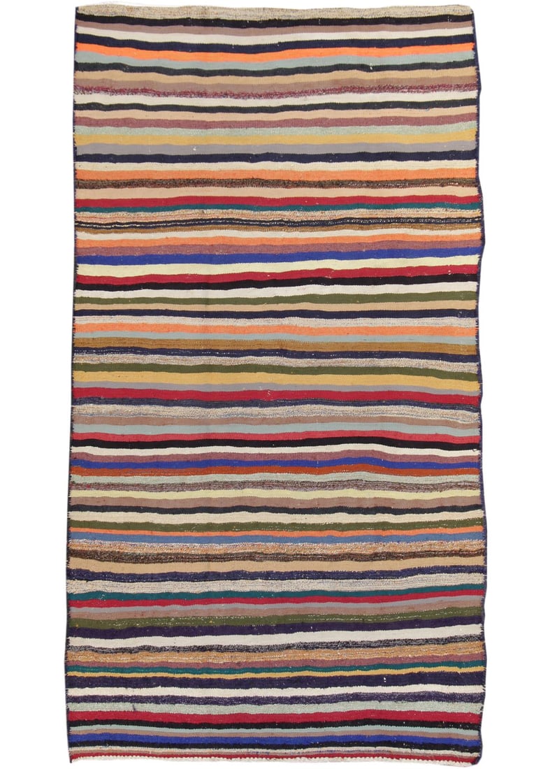 Mid-20th Century Hand-Knotted Wool Kilim Rug Multi-Color Stripe 4'7 x 8'7: Mid-20th Century Hand-Knotted Wool Kilim Rug Multi-Color Stripe 4'7 x 8'7 This exquisite hand-knotted Kilim rug features a vibrant stripe design set against a multi-color field, showcasing shades of b