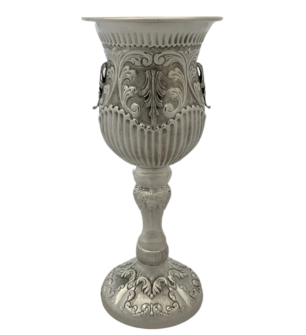 Handmade 925 Sterling Silver Eliyahu Cup with Leaf Applique: Handmade 925 Sterling Silver Eliyahu Cup with Leaf Applique This exquisite handmade Eliyahu Cup is crafted from fine 925 sterling silver, showcasing intricate leaf applique chased designs. The cup fea