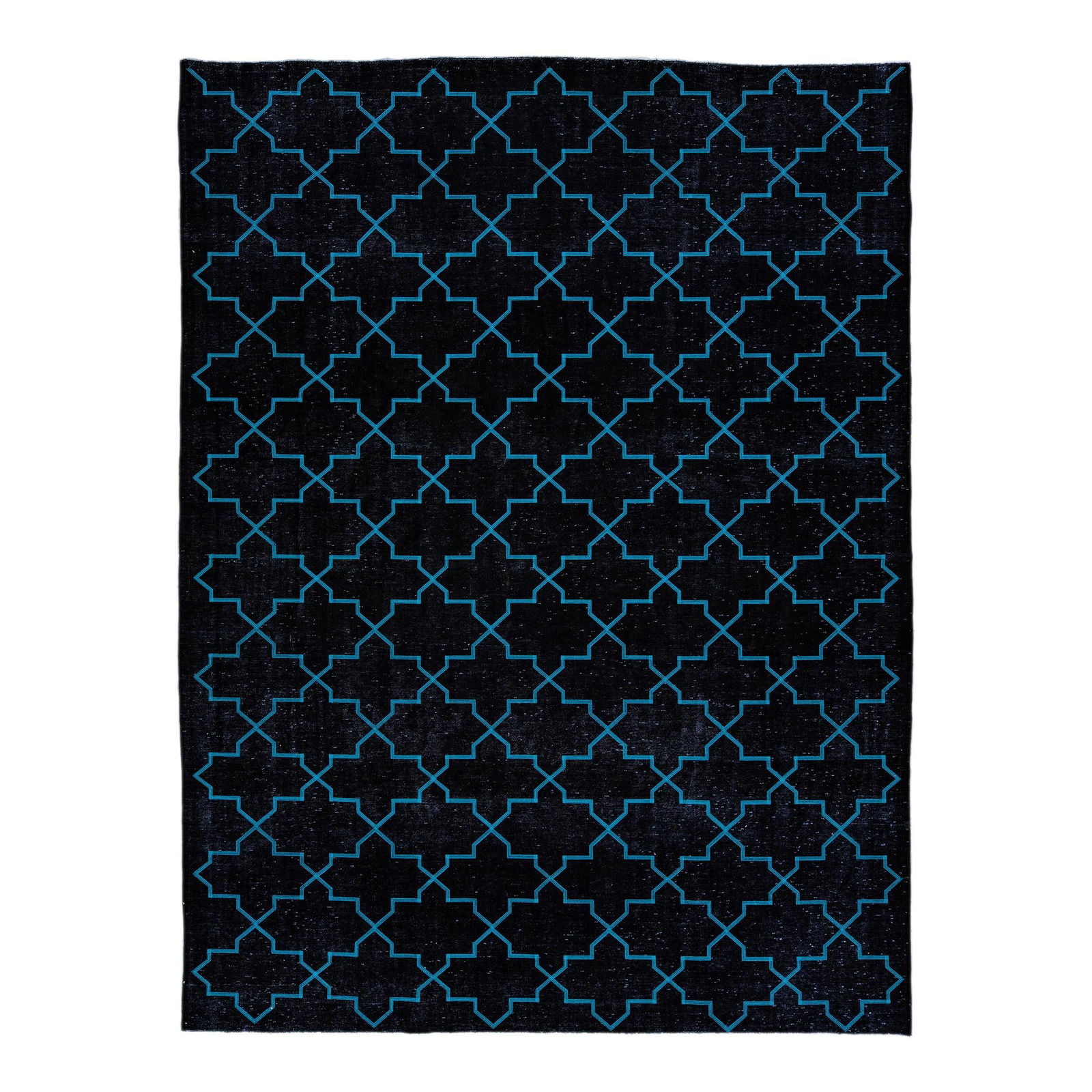 Turkish Handmade Wool Rug Black Blue Geometric Trellis 9'7 x 12'8: Turkish Handmade Wool Rug Black Blue Geometric Trellis 9'7 x 12'8 Enhance your living space with this exquisite Turkish handmade wool rug, featuring a striking modern design with a black distressed lo