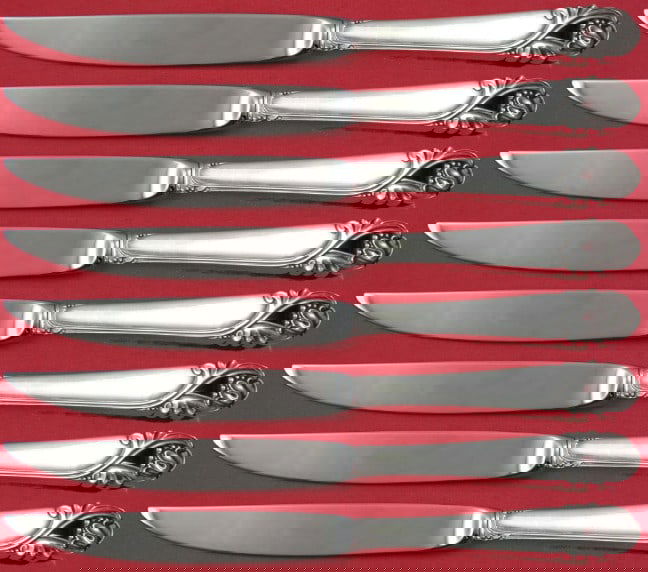 International Silver Spring Glory 8pc Sterling Silver Steak Knife Set: International Silver Spring Glory 8pc Sterling Silver Steak Knife Set Elevate your dining experience with this exquisite 8-piece steak knife set from International Silver, featuring the elegant Spring