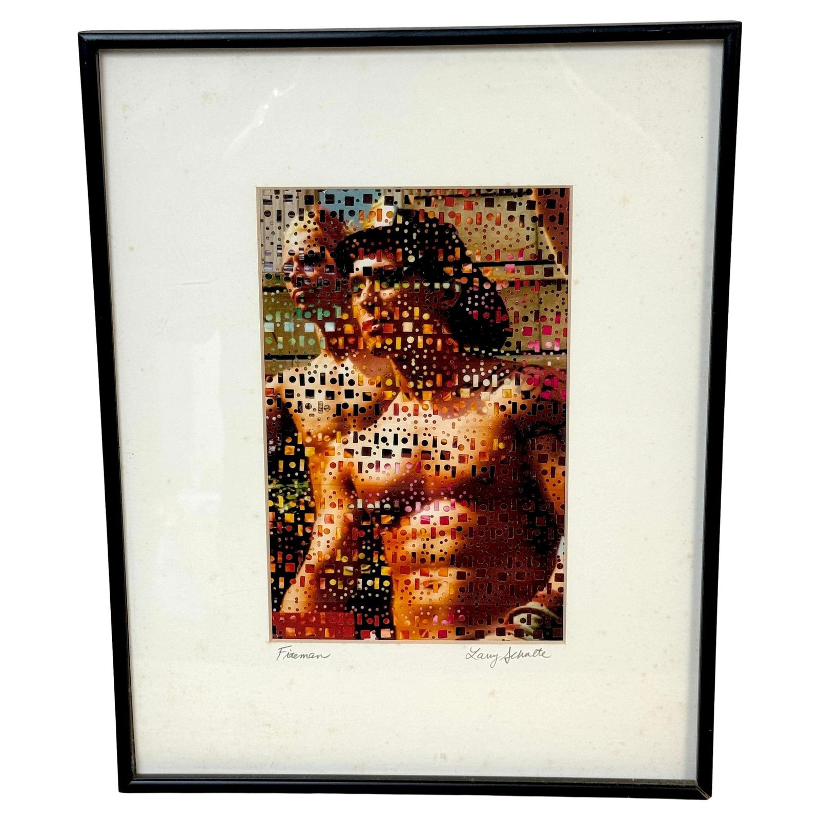 Larry Schulte Fireman 2003 Mixed Media Art Modern Collage: Larry Schulte Fireman 2003 Mixed Media Art Modern Collage Presenting 'Fireman' (2003), a captivating mixed media artwork by Larry Schulte, renowned for his innovative techniques in painting and weavin