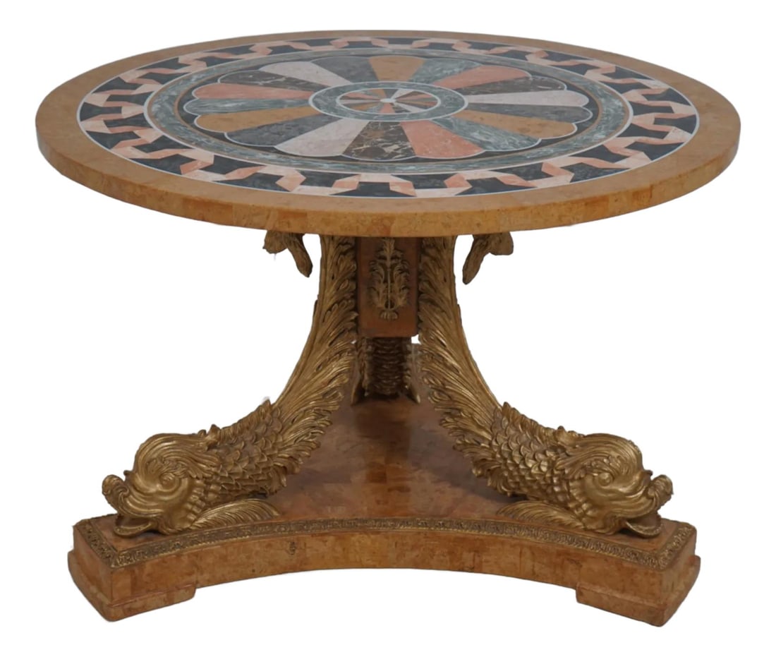 Elegant Italian Pietra Dura Marble Round Table with Dolphin Legs: Elegant Italian Pietra Dura Marble Round Table with Dolphin Legs This stunning round center table showcases exquisite Italian Pietra Dura craftsmanship, featuring intricate inlaid marble designs and f