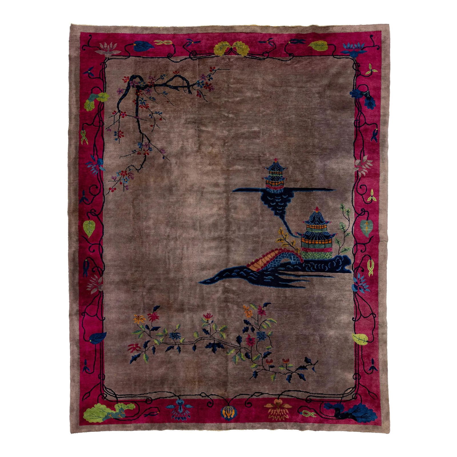 1920s Art Deco Chinese Wool Rug Floral Design 9' x 11'6: 1920s Art Deco Chinese Wool Rug Floral Design 9' x 11'6 Discover this exquisite 1920s Art Deco antique Chinese wool rug, expertly hand-knotted to showcase a stunning floral motif. The rug features a h