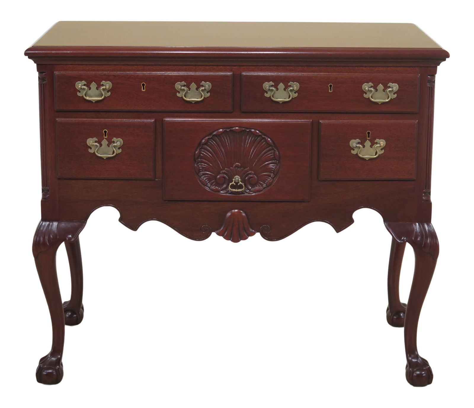 Biggs Chippendale Mahogany Lowboy with Ball & Claw Feet: Biggs Chippendale Mahogany Lowboy with Ball & Claw Feet This exquisite Chippendale-style lowboy showcases the timeless elegance of 18th-century design, featuring intricately carved details and solid b