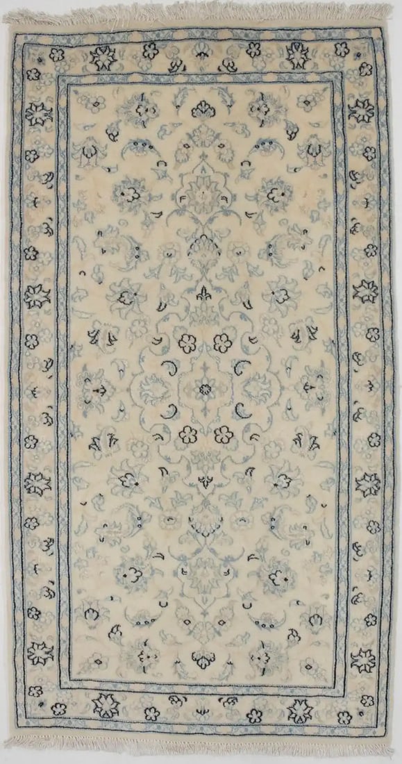 2'4 x 4'6 Floral Hand-Knotted Wool Area Rug Modern Traditional Design: 2'4 x 4'6 Floral Hand-Knotted Wool Area Rug Modern Traditional Design This handmade Oriental area rug features a classic floral pattern in a blend of cream, light blue, navy blue, and other complement