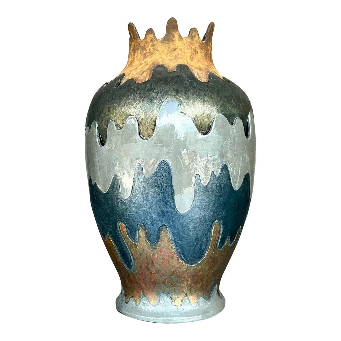 Vintage Boho Large Layered Ripple Gray Ceramic Vase: Vintage Boho Large Layered Ripple Gray Ceramic Vase Make a striking addition to your home decor with this vintage Boho monumental layered ripple ceramic vase. Its impressive size and intricate layered