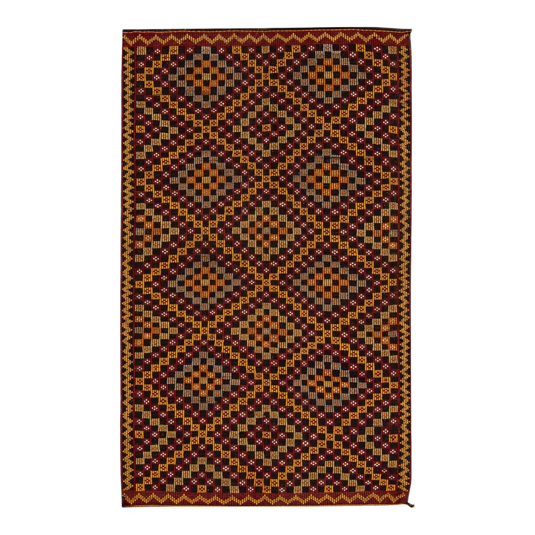 Vintage Indian Soumak Hand-Knotted Wool Rug 5'6 x 9'5 Geometric Design: Vintage Indian Soumak Hand-Knotted Wool Rug 5'6 x 9'5 Geometric Design Experience the charm of a vintage Indian Soumak rug, meticulously handmade with high-quality wool. Featuring a rich brown field,