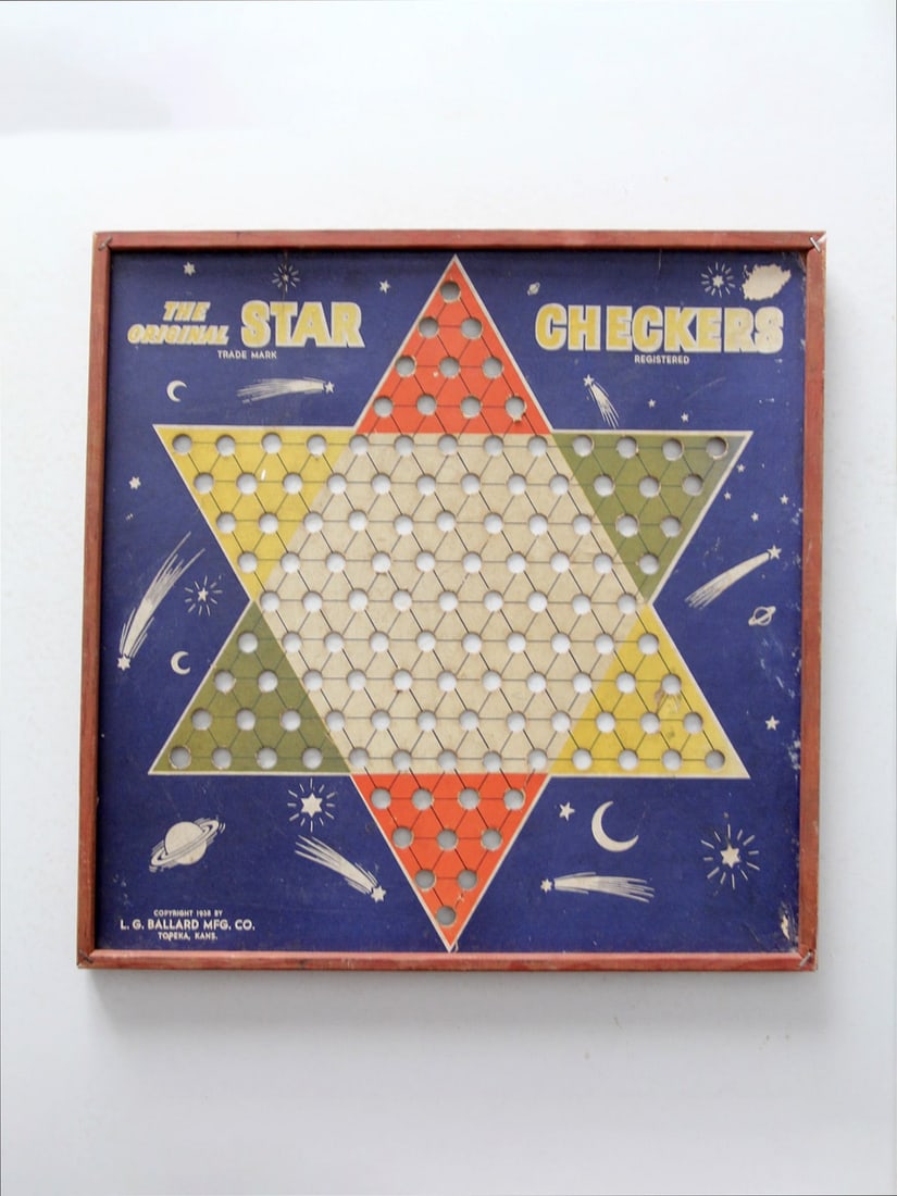 Vintage 1938 L.G. Ballard Star Checkers Game Board: Vintage 1938 L.G. Ballard Star Checkers Game Board Discover a classic piece of gaming history with this Vintage 1938 The Original Star Checkers Game Board by L.G. Ballard Mfg. Co. This board showcases