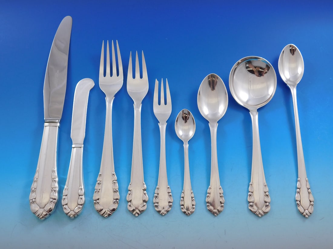 Georg Jensen Lily of the Valley Sterling Silver Flatware Set 110 pcs: Georg Jensen Lily of the Valley Sterling Silver Flatware Set 110 pcs Discover the exquisite Lily of the Valley flatware set by Georg Jensen, renowned for its innovative silversmithing. This stunning 1