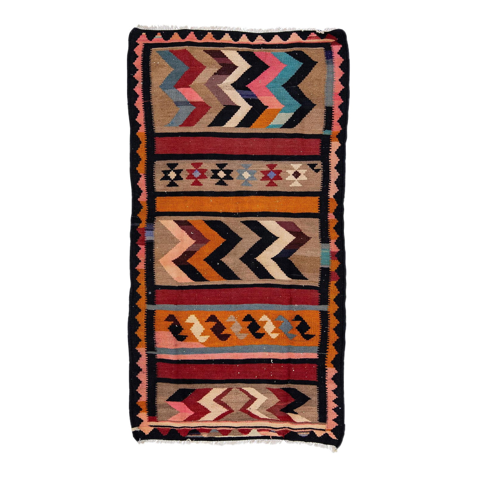 Vintage Turkish Kilim Multicolor Geometric Wool Rug 3'1 x 5'11: Vintage Turkish Kilim Multicolor Geometric Wool Rug 3'1 x 5'11 Discover the charm of this stunning vintage Turkish Kilim rug, expertly hand-knotted from high-quality wool. This unique piece features a