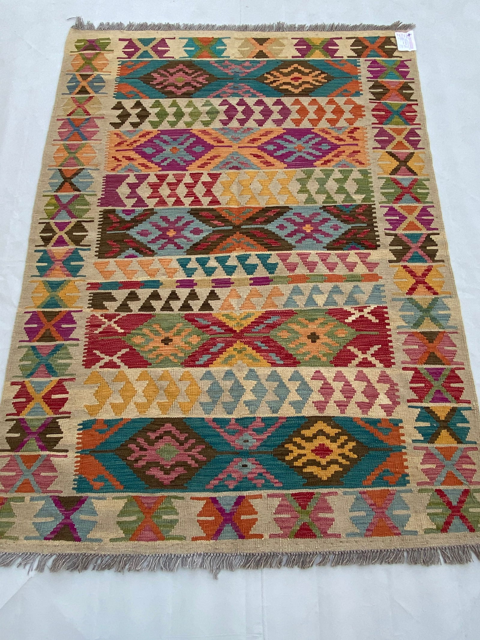 5' x 6' Handmade Multi-Color Red Geometric Kilim Rug: 5' x 6' Handmade Multi-Color Red Geometric Kilim Rug Free continental US Shipping Explore the vibrant beauty of this 5' x 6' Multi-Color Red Kilim Rug, expertly handmade by tribes renowned for their t