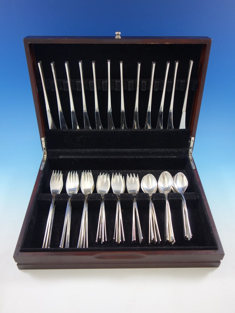 Vision International Sterling Silver Flatware Set for 12 48 Pcs Mid-Century Modern: Vision International Sterling Silver Flatware Set for 12 48 Pcs Mid-Century Modern Elevate your dining experience with this exquisite Vision by International Sterling Silver Flatware Service for 12. T
