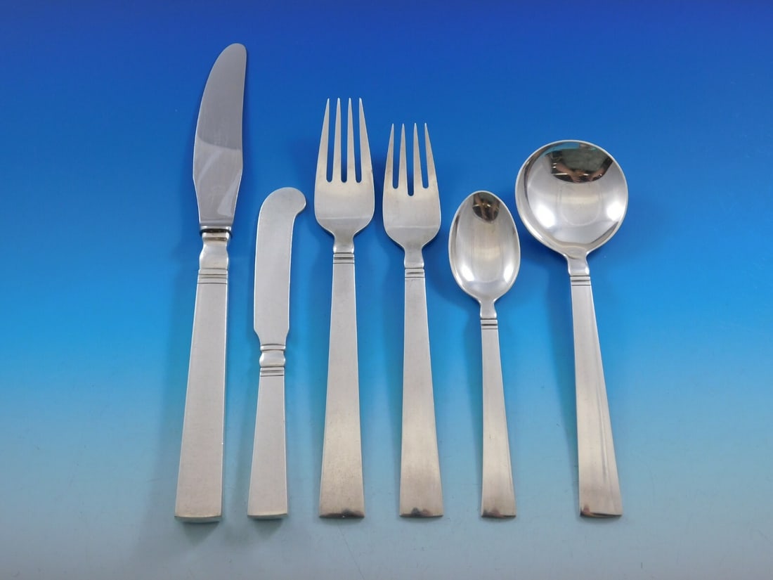 Georg Jensen Blok Sterling Silver Flatware Set for 6 36 Pcs with Storage Chest: Georg Jensen Blok Sterling Silver Flatware Set for 6 36 Pcs with Storage Chest Experience the elegance of Scandinavian design with the Blok Sterling Silver Flatware Set by Georg Jensen. This exquisite