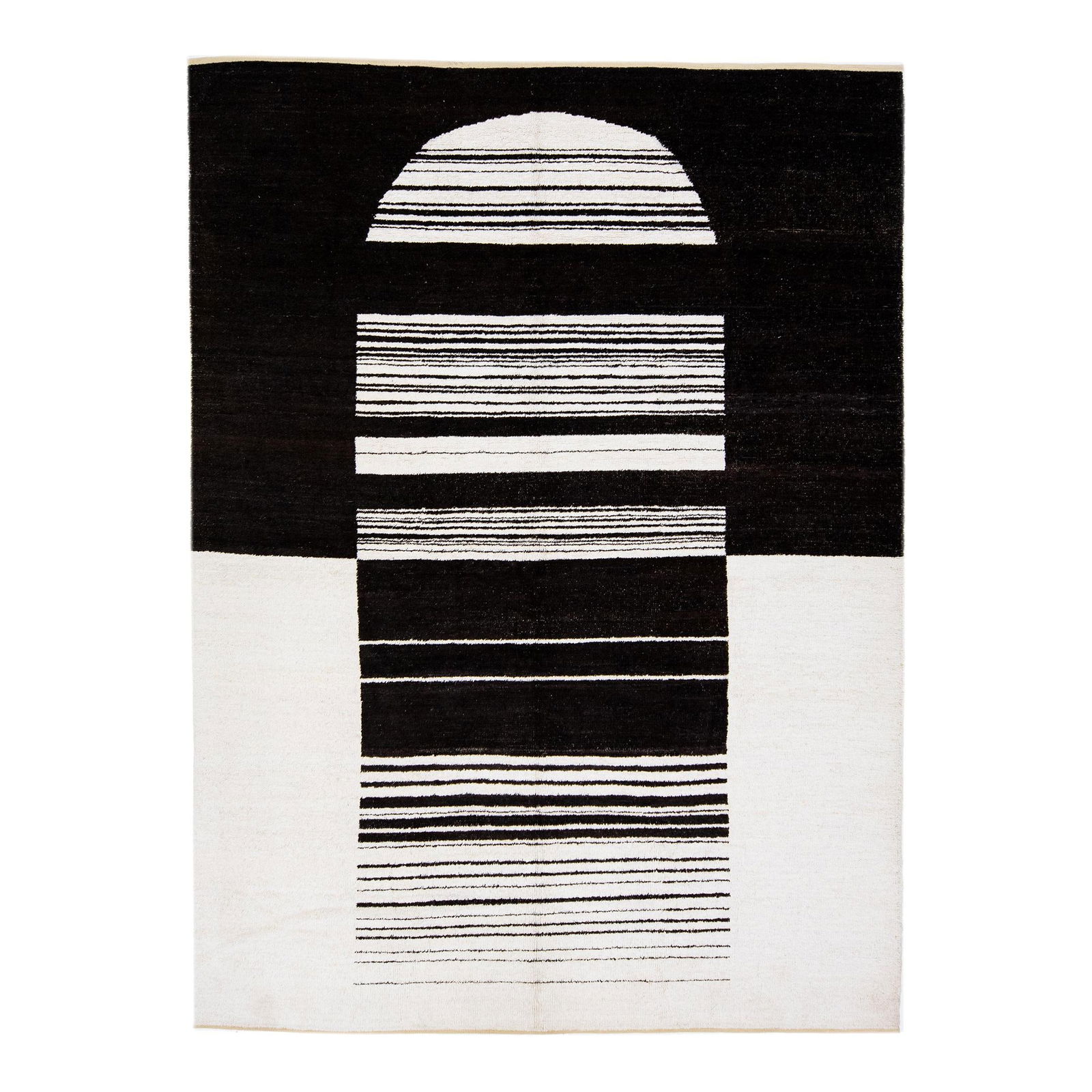 Handmade Modern Moroccan Wool Rug 9x12 Black and White Design: Handmade Modern Moroccan Wool Rug 9x12 Black and White Design Enhance your living space with this exquisite Handmade Minimalist Modern Moroccan Style Wool Rug. Measuring 9' x 12'1", this hand-knotted