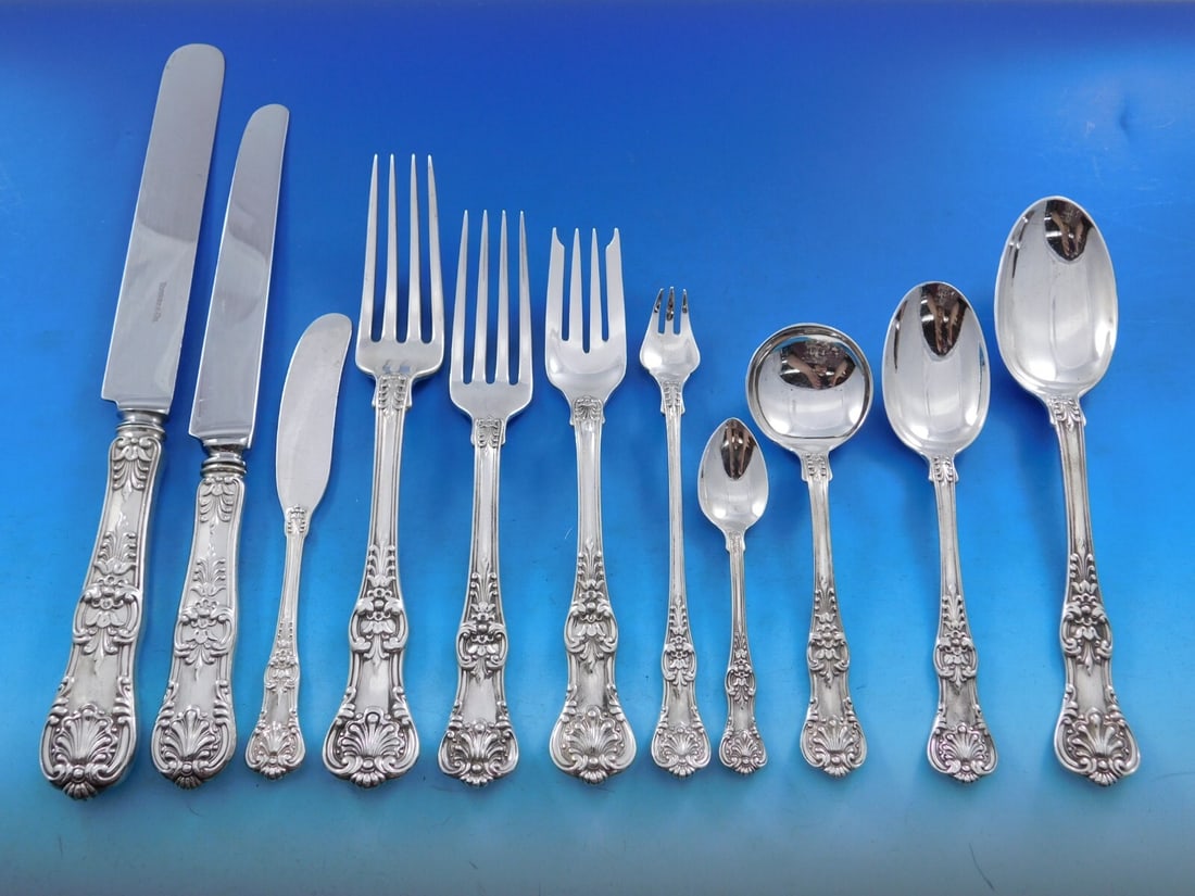 Tiffany & Co English King Sterling Silver Flatware Set 192 pcs: Tiffany & Co English King Sterling Silver Flatware Set 192 pcs Enhance your dining experience with the exquisite English King flatware set by Tiffany & Co. Crafted from high-quality sterling silver, t