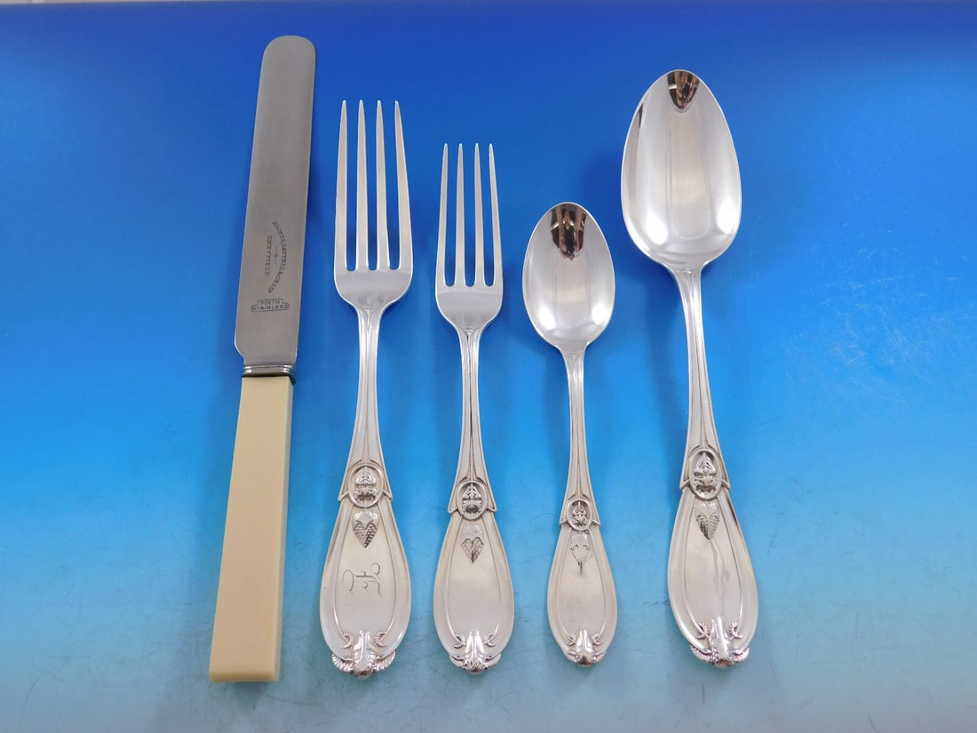 Rare Whiting Grecian Sterling Silver Flatware Set 58 Pieces Plus 12 Bone Handle Knives: Rare Whiting Grecian Sterling Silver Flatware Set 58 Pieces Plus 12 Bone Handle Knives Discover the exquisite Grecian flatware set by Whiting Manufacturing Company, a rare collection that beautifully