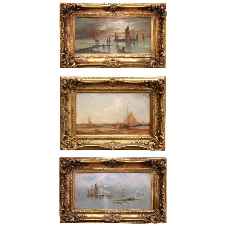 Set of 3 19th Century English Maritime Oil Paintings Gilt Frames: Set of 3 19th Century English Maritime Oil Paintings Gilt Frames Enhance your space with this exquisite set of three 19th-century English School maritime oil paintings, each beautifully rendered on ca