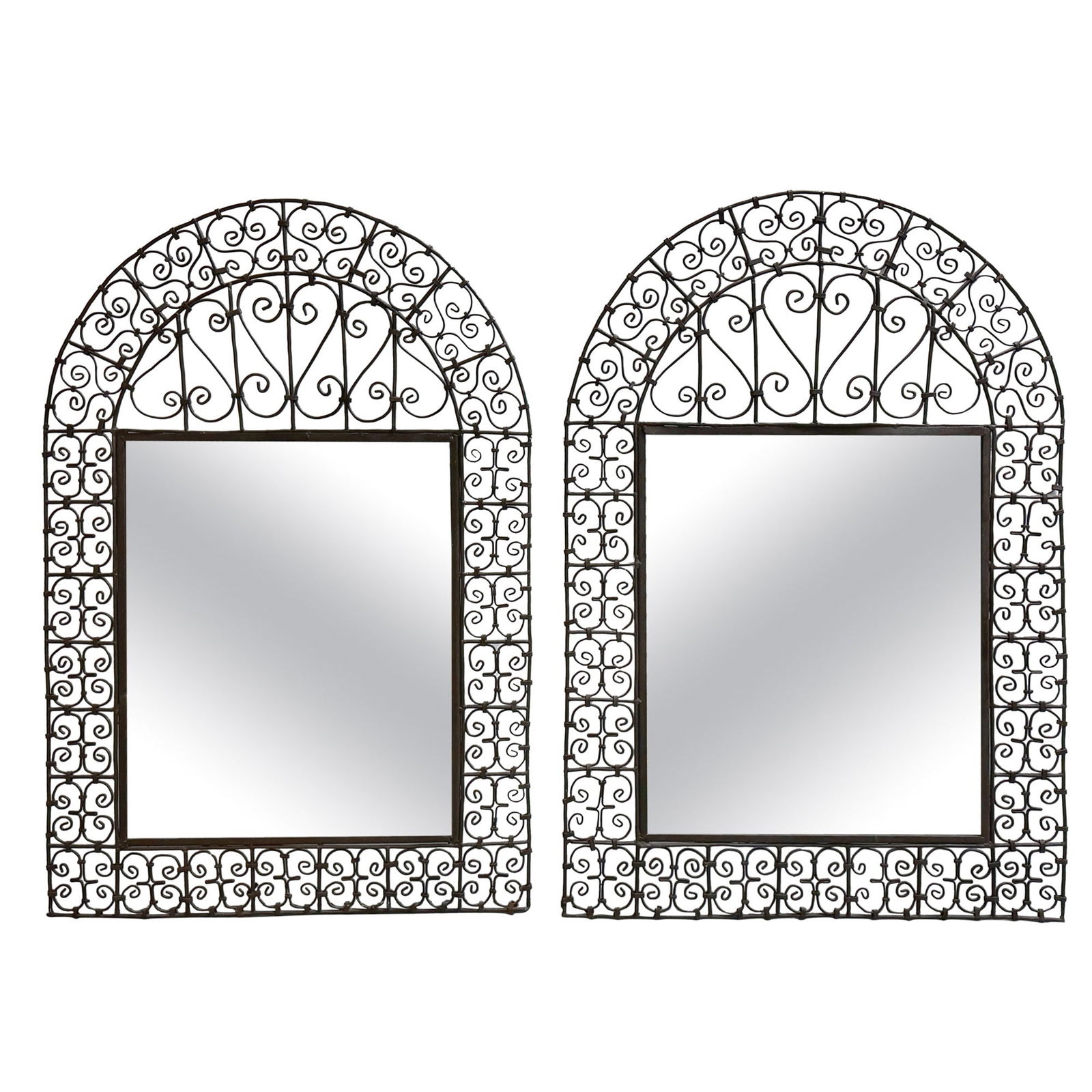 Set of 2 Spanish Colonial Wrought Iron Mirrors with Trellis Motif: Set of 2 Spanish Colonial Wrought Iron Mirrors with Trellis Motif This exquisite pair of Spanish Colonial wrought iron trellis motif mirrors showcases a stunning blend of sophistication and rustic cha