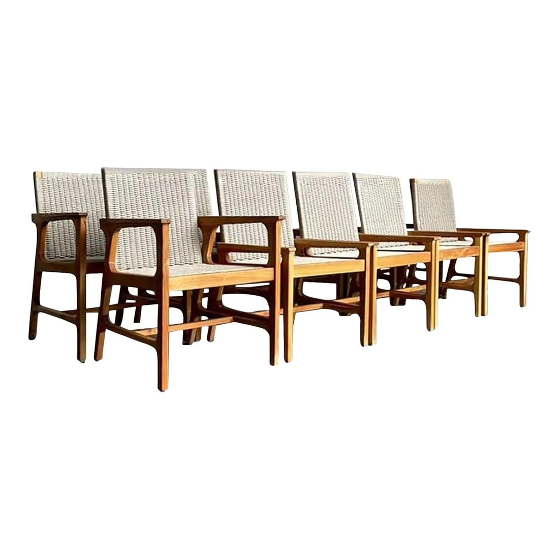 Vintage Palecek Delmar Boho Outdoor Dining Chairs Set of 10: Vintage Palecek Delmar Boho Outdoor Dining Chairs Set of 10 Enhance your outdoor living space with this stunning set of ten vintage Palecek "Delmar" outdoor dining chairs. These chairs beautifully com