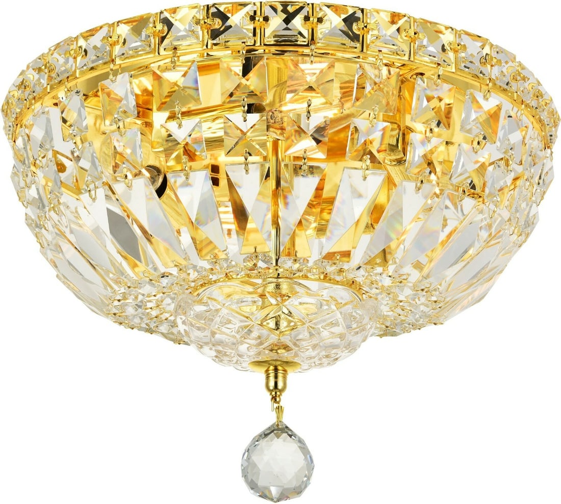 Tranquil 4-Light Gold Flush Mount Chandelier with Royal Cut Crystals 12 Inches: Tranquil 4-Light Gold Flush Mount Chandelier with Royal Cut Crystals 12 Inches Illuminate your space with this stunning Crystal Flush Mount Chandelier featuring a modern design. This elegant fixture b