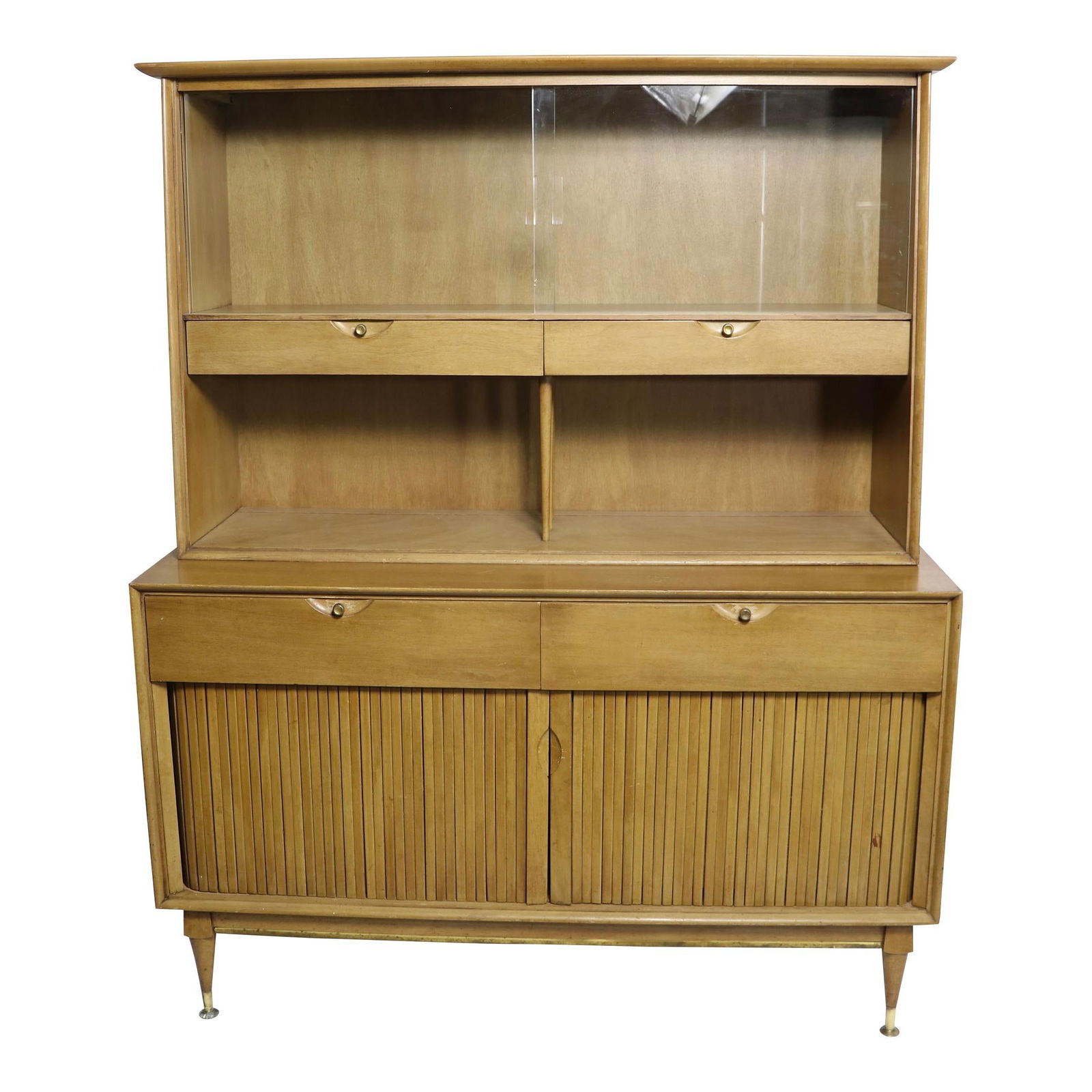 Mid Century Breakfront China Cabinet American of Martinsville Wood Glass: Mid Century Breakfront China Cabinet American of Martinsville Wood Glass This stunning Mid Century Breakfront China Cabinet is attributed to the renowned American of Martinsville. The upper section fe