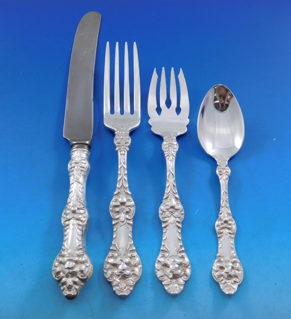 Gorham Alvin Old Orange Blossom Sterling Silver Flatware Set 32 pcs for 8 with Storage Chest: Gorham Alvin Old Orange Blossom Sterling Silver Flatware Set 32 pcs for 8 with Storage Chest Enhance your dining experience with the exquisite Old Orange Blossom flatware set by Alvin, composed of hig