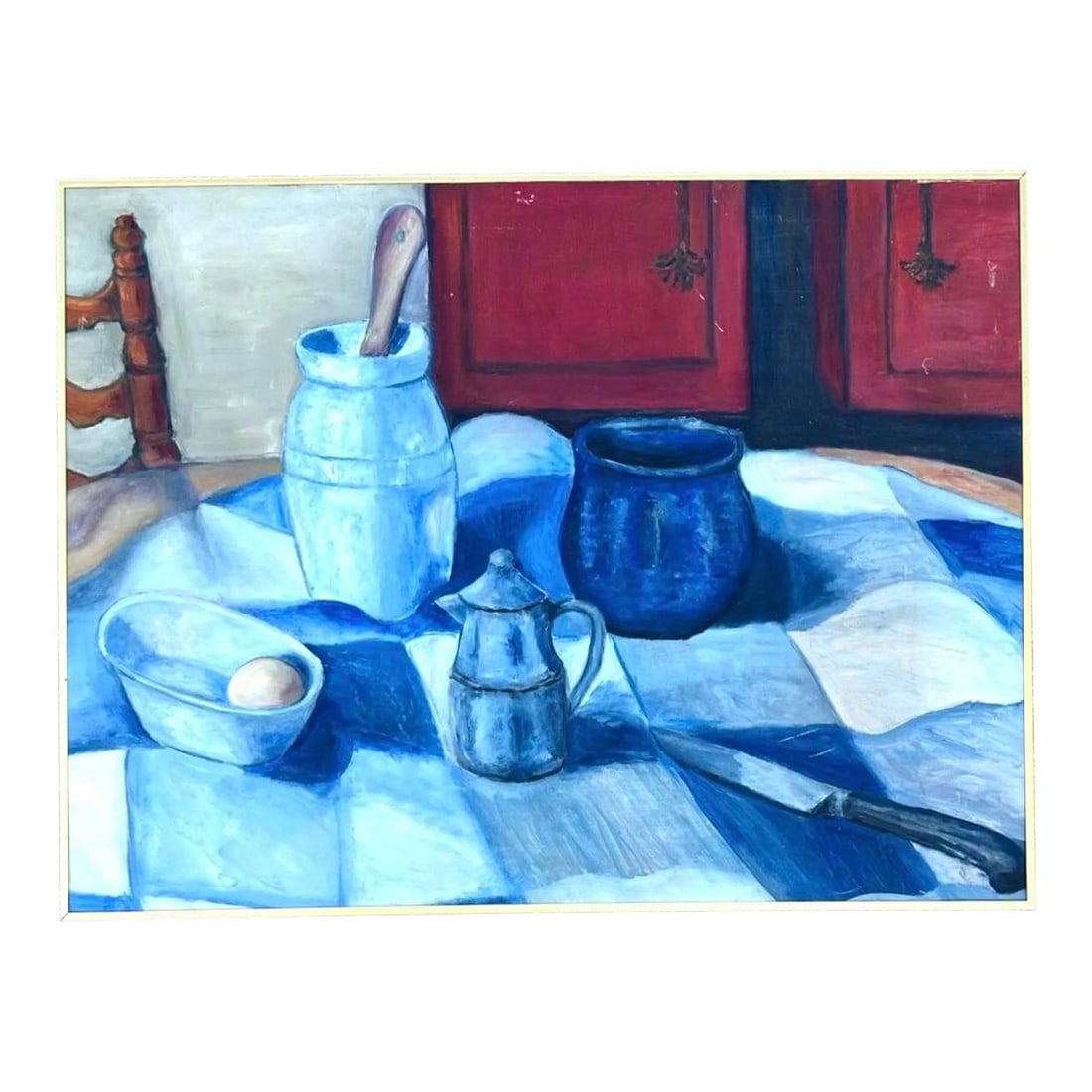 Original Still Life Oil Artwork on Canvas with Boho Vintage Aesthetic: Original Still Life Oil Artwork on Canvas with Boho Vintage Aesthetic This vintage boho still life oil painting on canvas features a serene arrangement of everyday objects on a blue and white checkere
