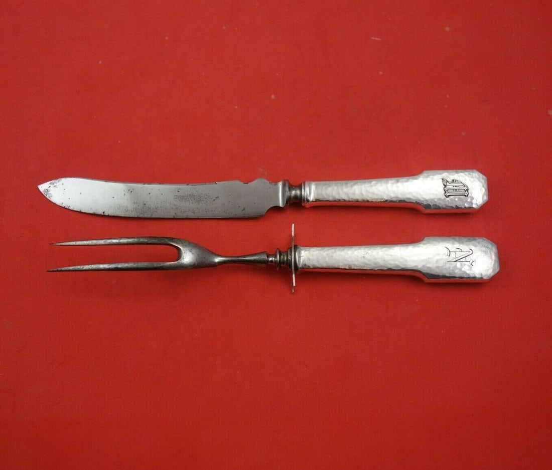 Shreve Norman Hammered Sterling Silver Carving Set 2pc with Monograms: Shreve Norman Hammered Sterling Silver Carving Set 2pc with Monograms This exquisite 2-piece steak carving set features the iconic Norman Hammered pattern by Shreve, crafted from sterling silver with