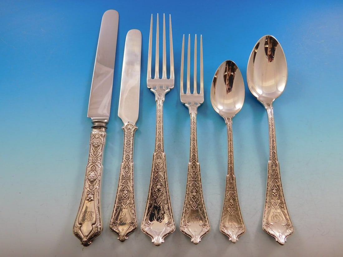 Tiffany & Co Persian Sterling Silver Flatware Set 92 Pieces with Vintage Chest: Tiffany & Co Persian Sterling Silver Flatware Set 92 Pieces with Vintage Chest Experience the elegance of the Persian pattern, designed by Edward C. Moore for Tiffany & Co., with this exquisite 92-pie