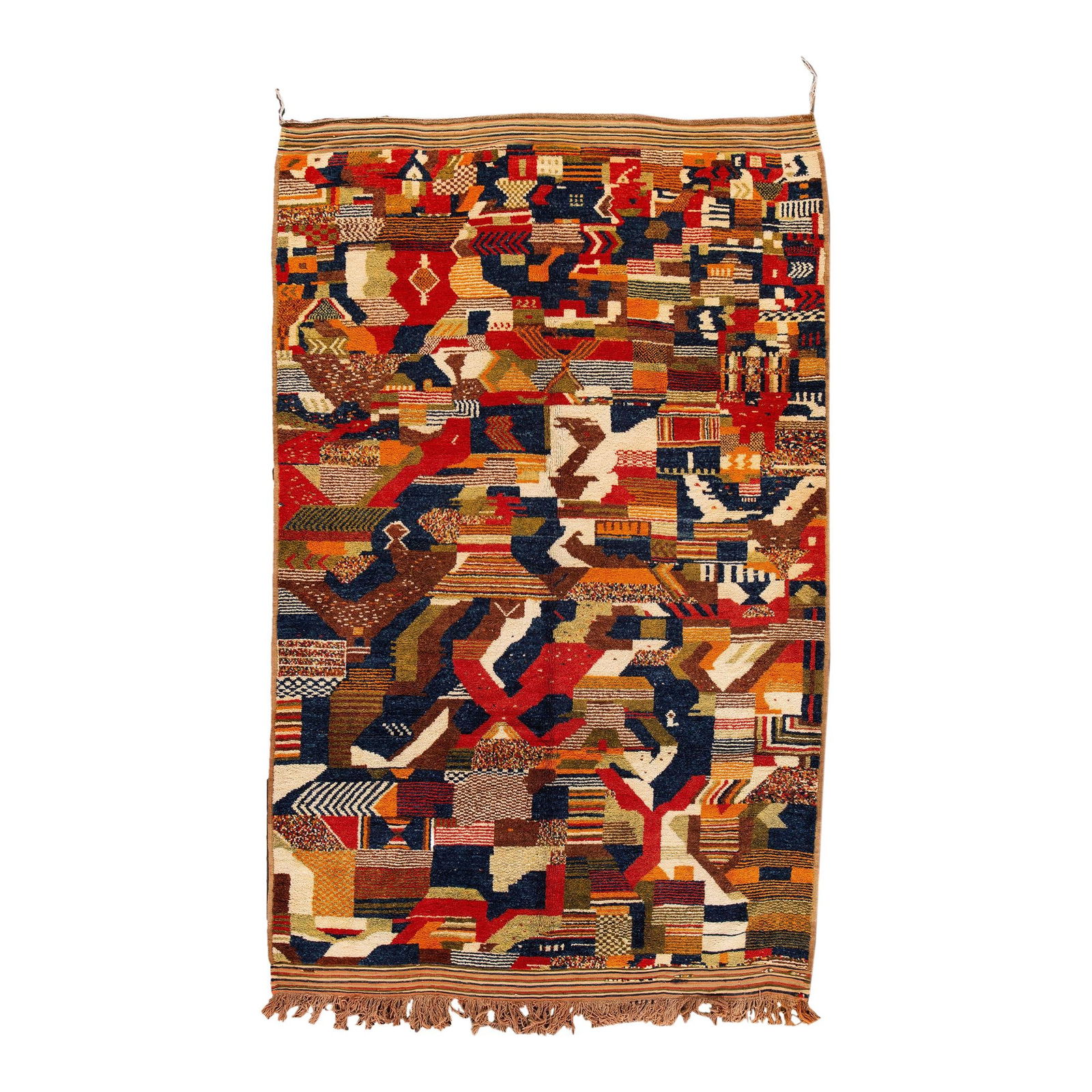 Vintage Moroccan Multicolor Wool Rug 6'3 x 10 Abstract Design: Vintage Moroccan Multicolor Wool Rug 6'3 x 10 Abstract Design Enhance your space with this beautiful Vintage Moroccan wool rug, featuring a warm tan field and vibrant multi-colored accents in an all-o
