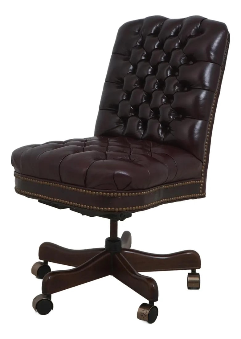 Leather Master Burgundy Tufted Office Chair English Style Swivel Recliner: Leather Master Burgundy Tufted Office Chair English Style Swivel Recliner This exquisite Leather Master Tufted Office Chair showcases a timeless English style with a rich burgundy leather finish. Craf