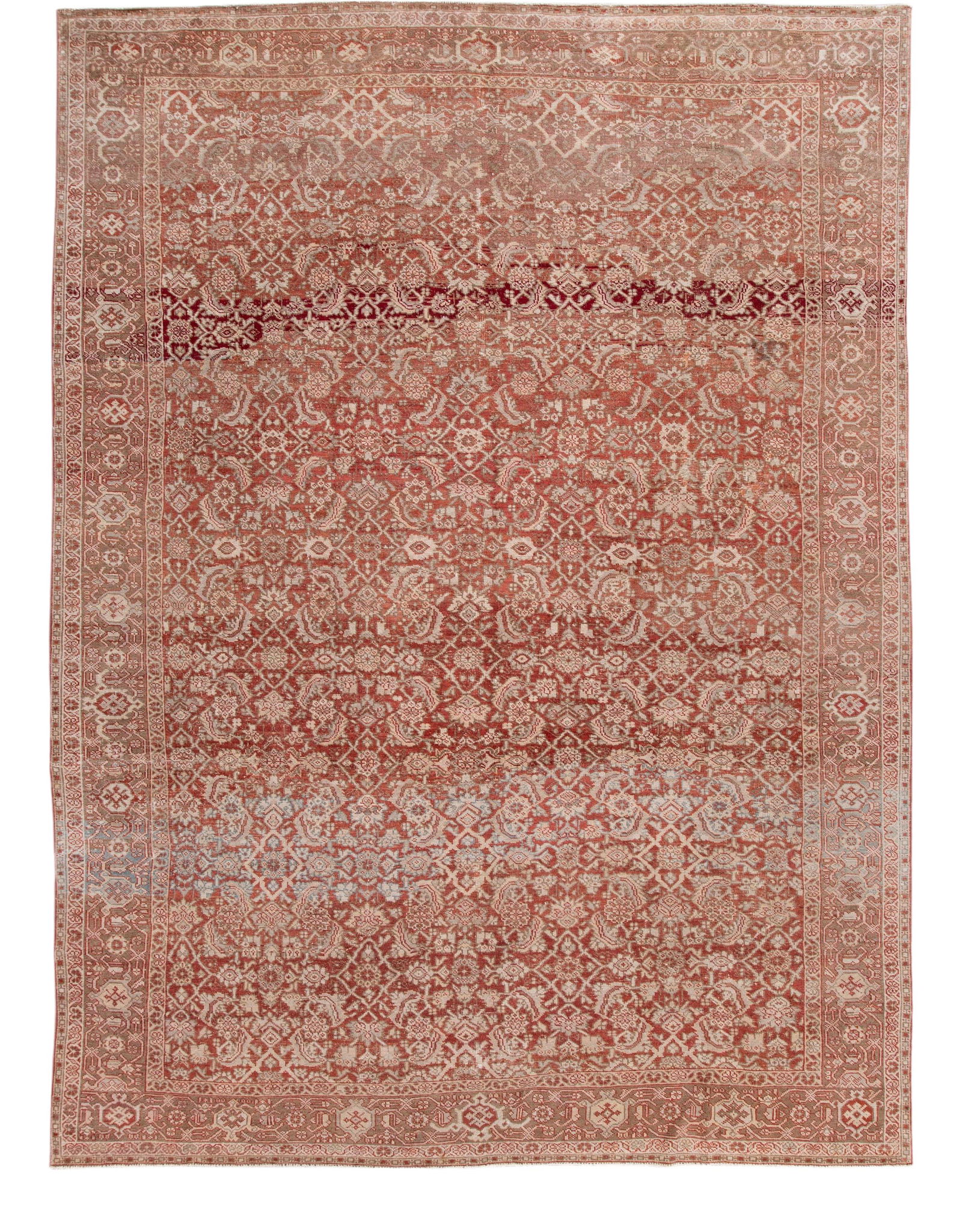 Antique Mahal Handmade Wool Rug Red Floral Geometric 9'5 x 12'10: Antique Mahal Handmade Wool Rug Red Floral Geometric 9'5 x 12'10 Discover the elegance of this antique Mahal hand-knotted wool rug featuring a vibrant red field. The intricate design showcases a stunn