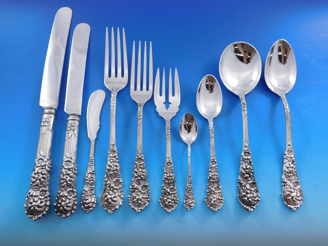 Reed & Barton Trajan Sterling Silver Flatware Set 186 pcs Baroque Rococo: Reed & Barton Trajan Sterling Silver Flatware Set 186 pcs Baroque Rococo Presenting the Trajan Sterling Silver Flatware Set by Reed & Barton, a stunning collection that exemplifies the Baroque and Roc