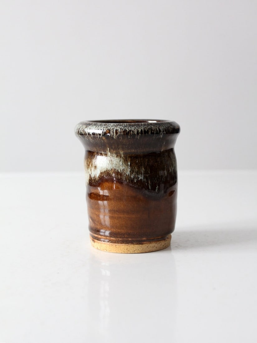 Signed Vintage Studio Pottery Vase with Unique Brown and Blue Glaze (1 of 6)